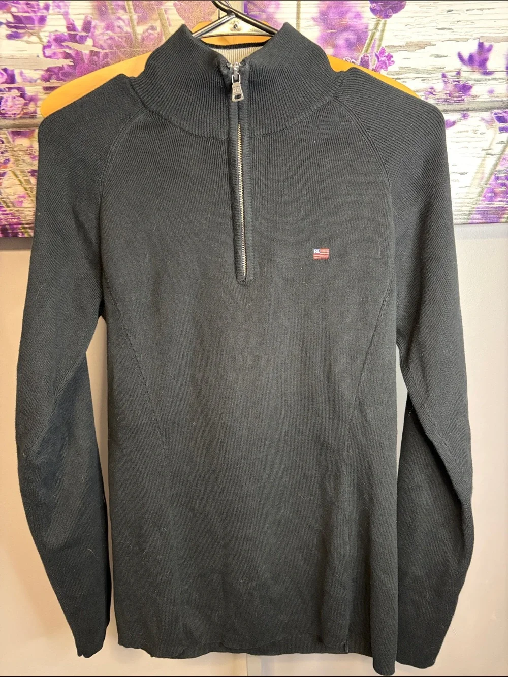 Unisex Vintage Polo Jeans Company Black Quarter-Zip Sweater with Small Flag Logo